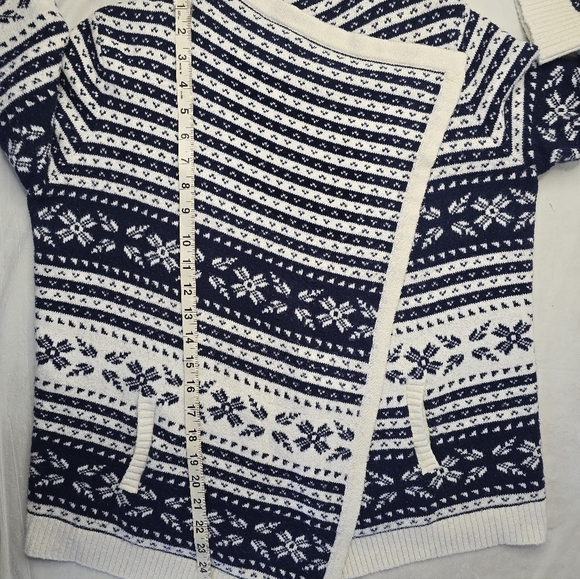 Lands' End Fair Isle Sweater Open Cardigan Navy Ivory Nordic Print Cabincore M - Picture 12 of 13